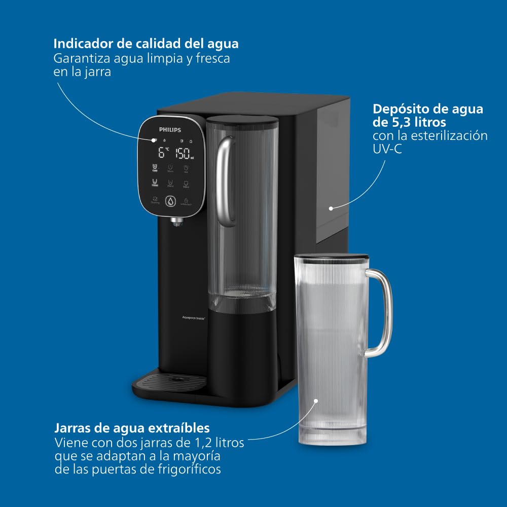 Philips Water Dispensador sobremesa de ósmosis inversa ADD6912BK/10, elimina hasta 110 sustancias, agua fría, caliente y a temperatura ambiente, vida útil del filtro 1 año