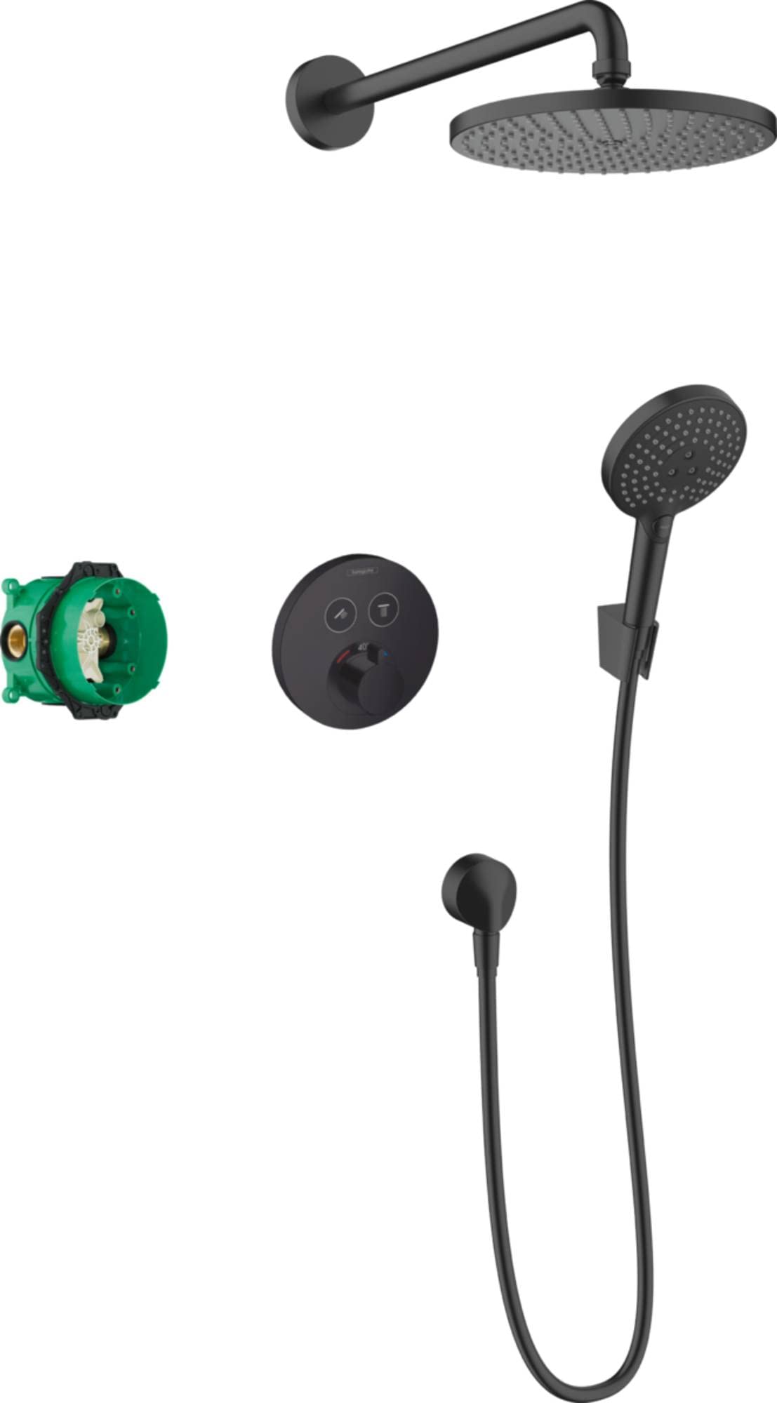 hansgrohe Raindance S 240 - Set de ducha (7 en 1, sistema de ducha con alcachofa, termostato, alcachofa de ducha, manguera de ducha, cuerpo base y soportes), color negro mate