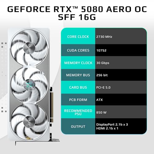 Gigabyte Tarjeta gráfica GeForce RTX 5080 Aero OC SFF 16G, Sistema de refrigeración WINDFORCE, 16 GB 256 bits GDDR7, Tarjeta de Video GV-N5080AERO OC-16GD
