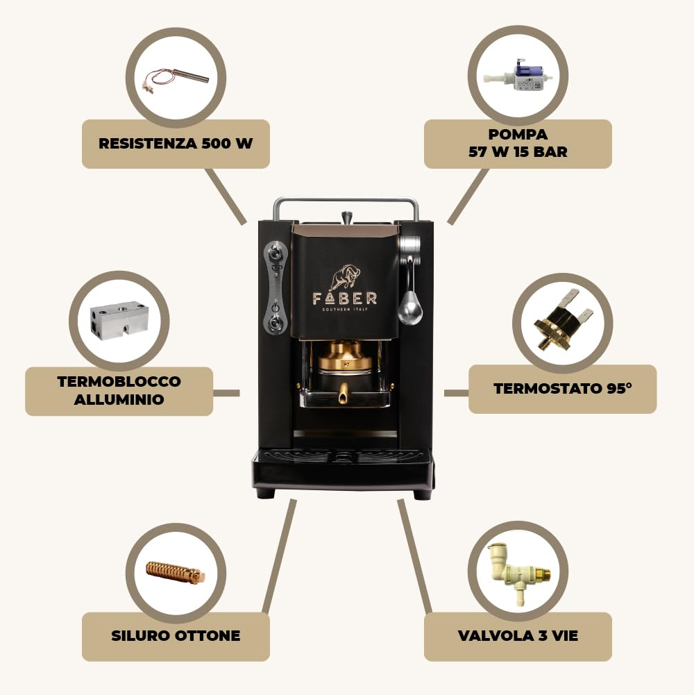 FABER COFFEE MACHINES | Modelo Pro Mini Deluxe | Cafetera con cápsulas ese 44 mm | Color Mat Black Chrome acabados | Pressacialda en latón