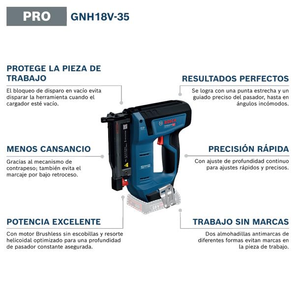 Clavadora para madera a batería GNH 18V-35 con Bosch Professional 18V System (bajo retroceso, motor Brushless sin escobillas, incl. gancho para el cinturón)