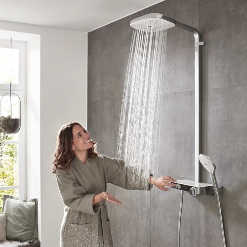 hansgrohe Raindance Select E - sistema de ducha con termostato, ducha lluvia (300 x 190mm) con grifo, ducha de mano (3 tipos de chorro), flexo, barra, ducha fija rectangular, cromo, 27127400
