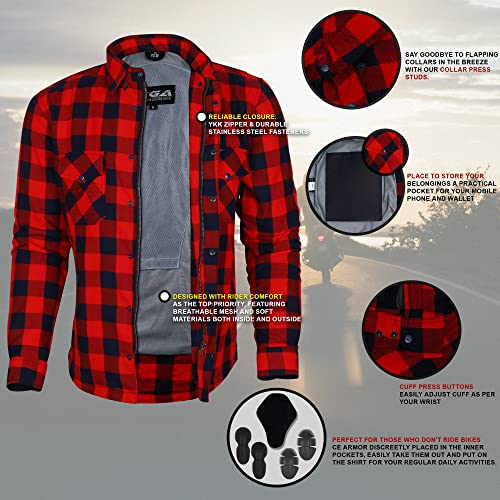 Bikers Gear Australia - Camisa protectora de franela para motocicleta con forro de aramida multicolor Rojo/Negro large