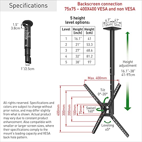 Barkan Soporte de TV de Techo, 97cm de Largo Giratorio e inclinable para Pantallas de 13-65 Pulgadas, Peso máximo 40Kg, Telescópico de Altura Ajustable, para LED OLED LCD, hasta VESA 400x400