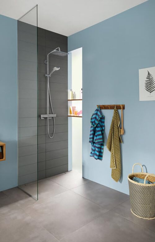 hansgrohe Croma E - sistema de ducha con termostato, ducha lluvia (280 x 170 mm) con grifo, ducha de mano (3 tipos de chorro), flexo, barra, ducha fija rectangular (1 tipo de chorro), cromo