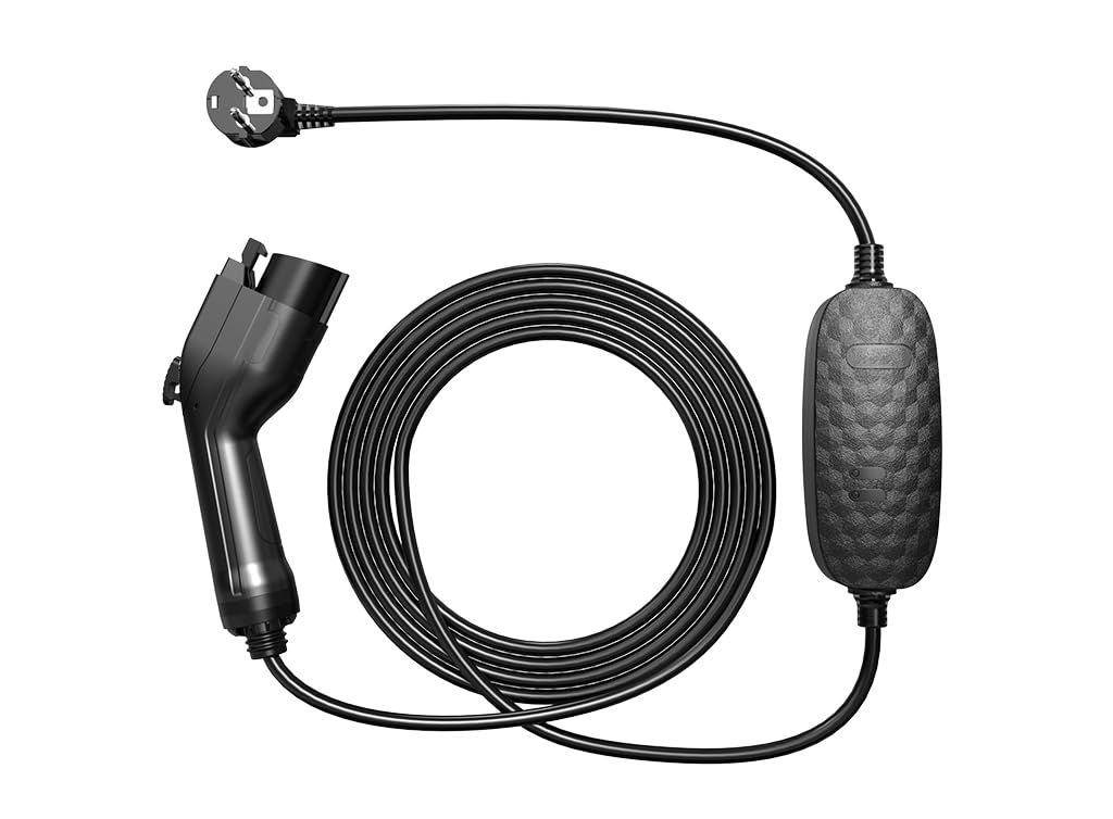 Cargador portátil monofásico 16A, 5 metros, IP55, 230V; ideal para cargar vehículos eléctricos en exteriores.