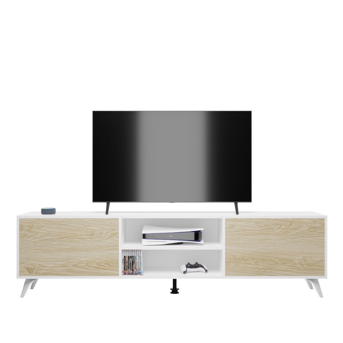 Homey Mueble de TV de Diseño Nórdico, 2 Compartimentos de Almacenamiento y 2 Puertas, Apto para Televisores de hasta 77 Pulgadas, Color Blanco-Roble