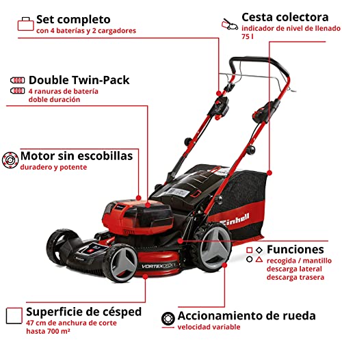Einhell Cortacésped a batería GE-CM 36/47 S HW Li Kit Power X-Change (36 V, 47 cm ancho de corte, 700 m², autopropulsado, Brushless, función de mulching, con 4x 4,0 Ah baterías, 2x Twincharger)
