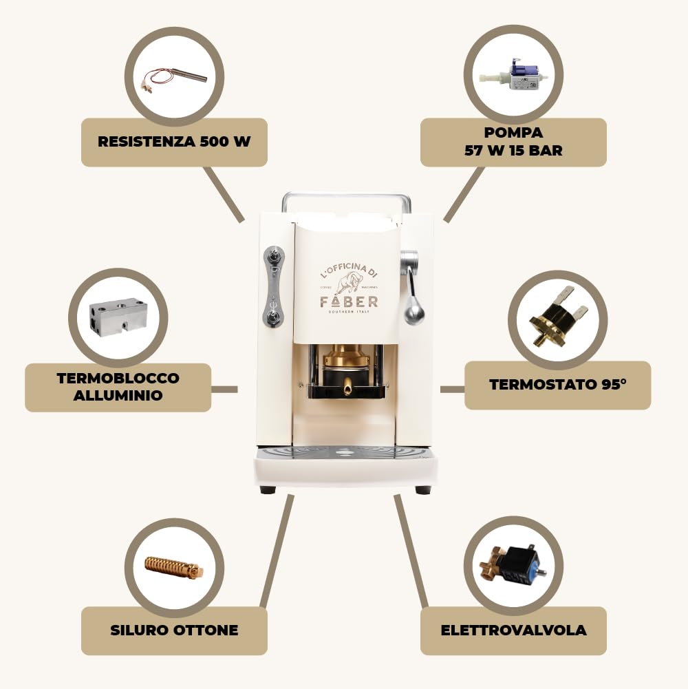 FABER COFFEE MACHINES | Modelo Pro Deluxe | Cafetera monodosis ese 44 mm | acabados cromo | Prensacialda de latón (Pure White)