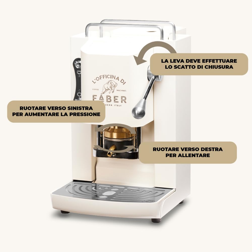 FABER COFFEE MACHINES | Modelo Pro Deluxe | Cafetera monodosis ese 44 mm | acabados cromo | Prensacialda de latón (Pure White)