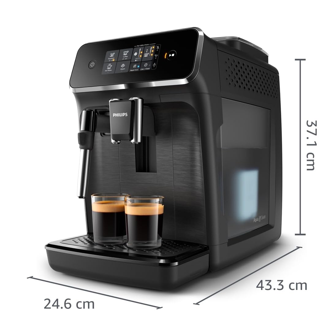 Philips Serie 2200 Cafetera Espresso Totalmente Automática - 2 Cafés, Pantalla Táctil, Espumador de Leche Clásico, Molinillo de Cerámica, Negro Mate (EP2220/10)