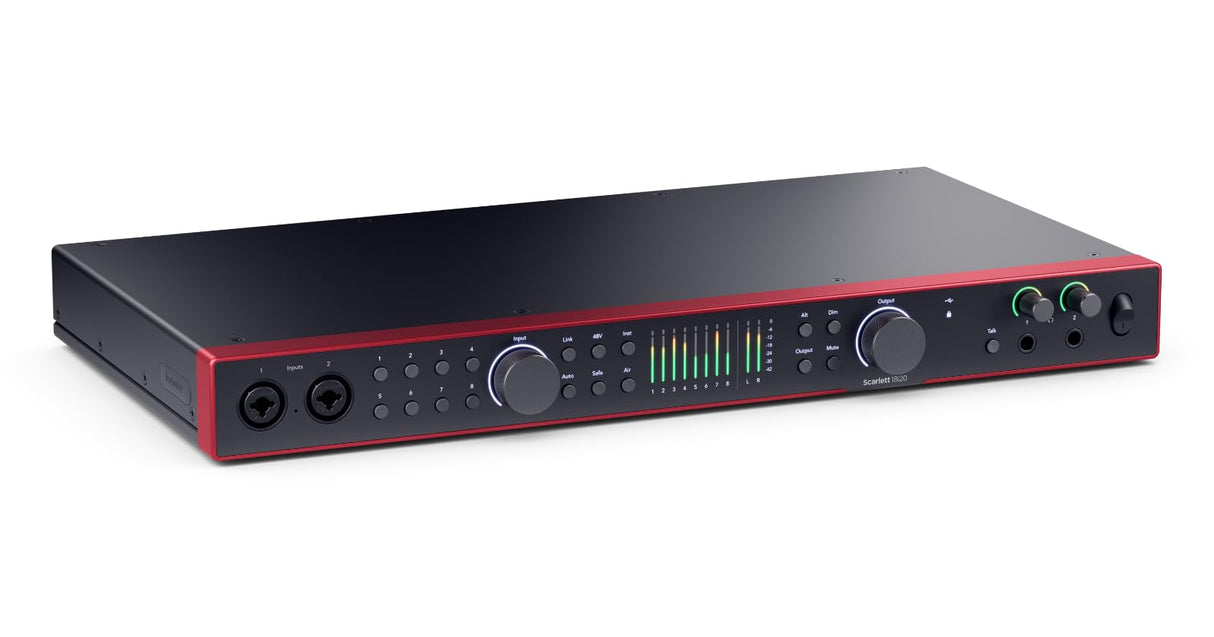 Focusrite Scarlett 18i20 interfaz de audio USB de 4.ª gen. para grabación multipista, producción y pódcast. Grabación con sonido de estudio y alta fidelidad, más todo el software que necesitas