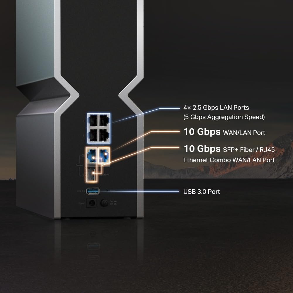 【Nuevo】 TP-Link Archer BE800 - BE19000 Tri Banda Wi-Fi 7 Router |uno de los routers más rápidos con 2 × 10 Puertos G | Pantalla LED|8× Antenas Internas |Red más Segura| VPN,QoS y EasyMesh