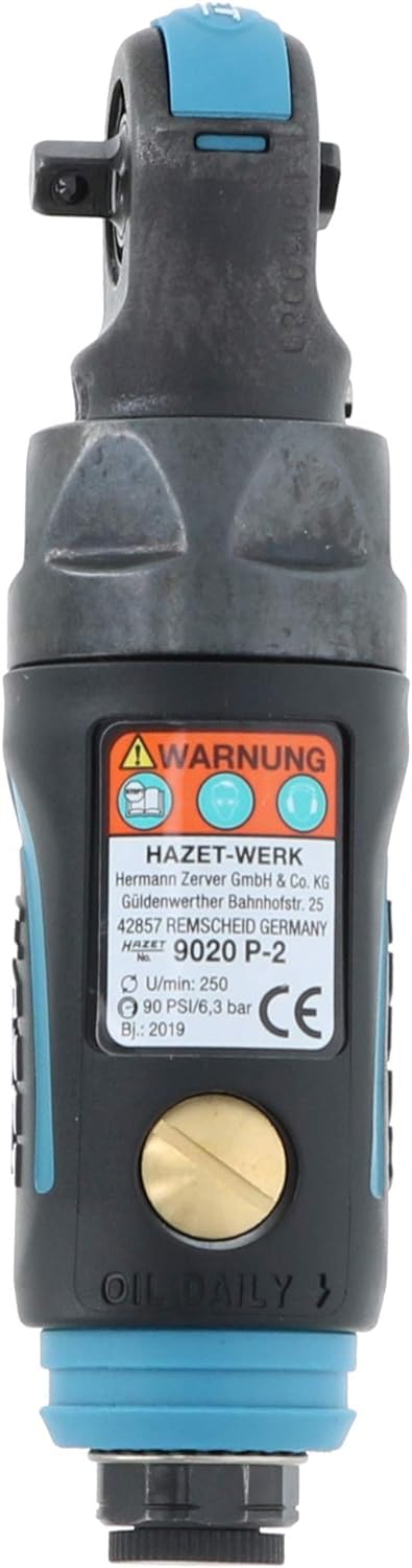 Hazet mini destornillador de carraca 9020P-2, diseño corto, 250 rpm, baja vibración, accionamiento cuadrado de 6,3 mm (1/4 pulgada), para reapriete manual con pares 60 Nm