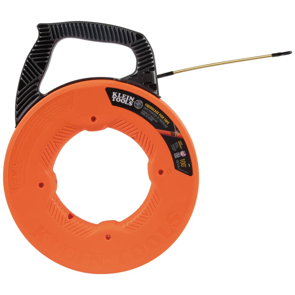 Klein Tools 56351 - Cinta pasacables eléctricos no conductora, extractor de alambre de fibra de vidrio con guía de acero, caja optimizada, 30,5 m x 0,5 cm