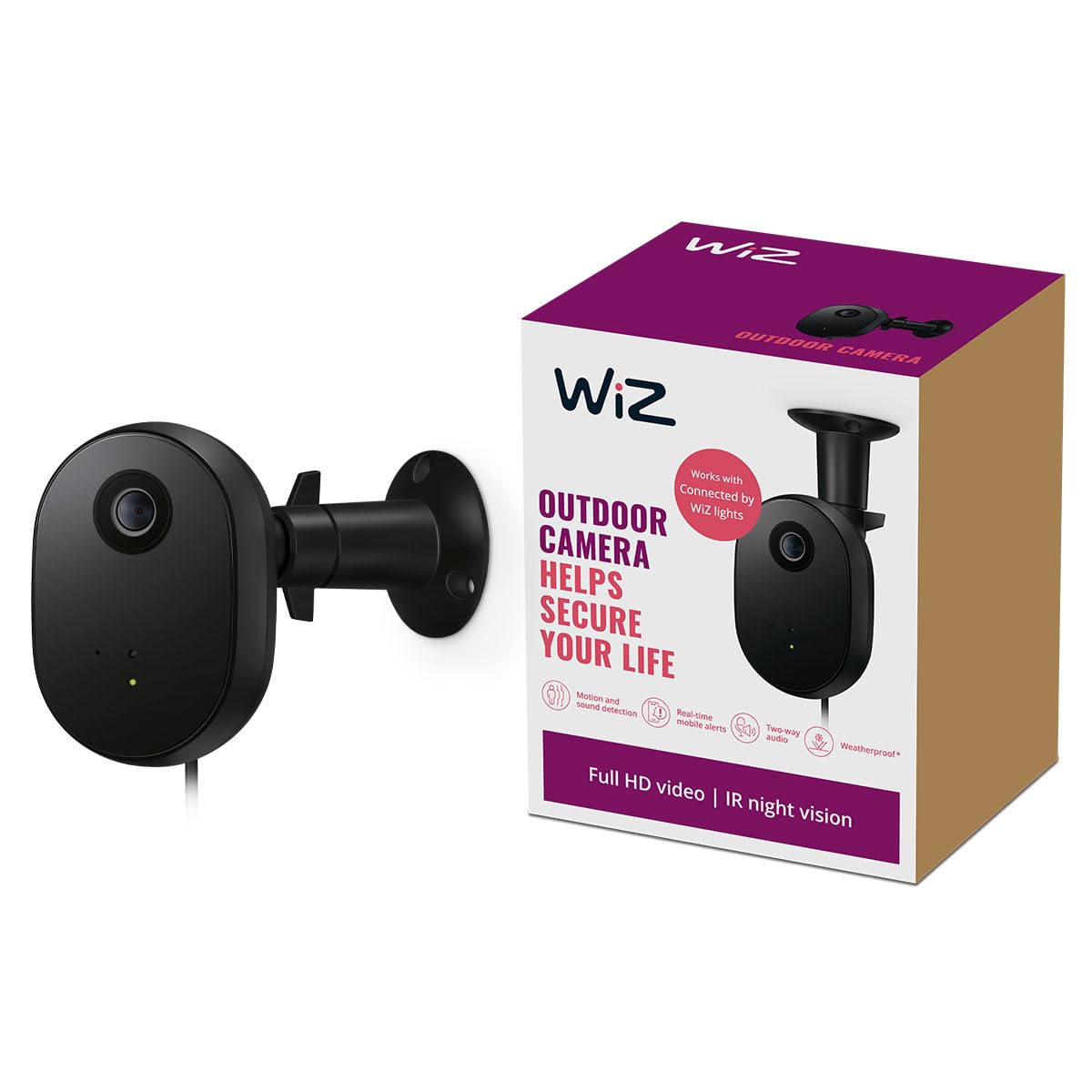 WiZ Cámara de Seguridad para Exteriores Vídeo Full HD, visión Nocturna IR, detección de Movimiento y Sonido, se Conecta a tu Wi-Fi, Control por Voz/App, Funciona con Google Home, Alexa y HomeKit.