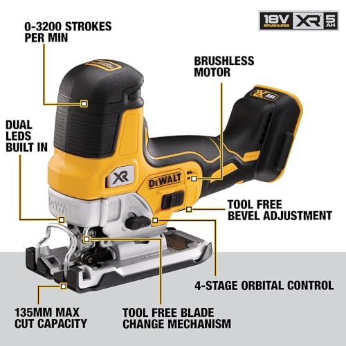 DEWALT DCS335NT-XJ, Sierra de calar sin escobillas 18V XR, Incluye maletín TSTAK, 3200cps/min, Corte madera 135mm /Acero 10mm, No incluye batería ni cargador