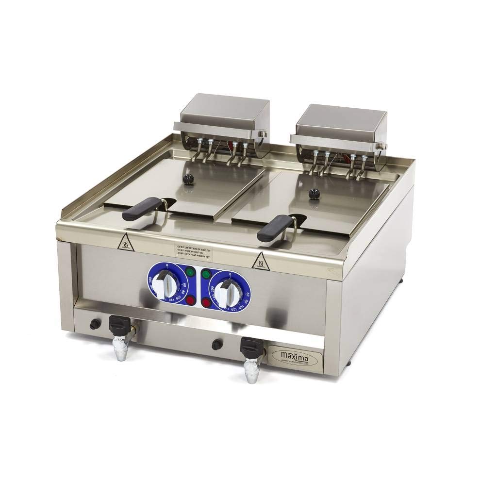 Maxima Freidora eléctrica de clase comercial Gastro, 2 x 10 l de aceite, 600 x 600 mm de profundidad, con zona fría y grifo de drenaje, 2 x 6000 W