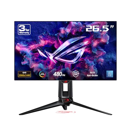 ASUS ROG Swift OLED PG27AQDP - Monitor Gaming WOLED de 27 Pulgadas, 480 Hz, 0,03 ms, G-Sync, disipador térmico, OLED Care+, Asistente AI, Brillo Uniforme, 99% DCI-P3 y DisplayWidget Center