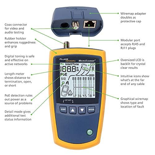 Fluke MicroScanner² Gris - Probador de cable de red (363 g, 76 x 163 x 36 mm, 0 - 45 °C, 0 - 90%, -20 - 60 °C, 0 - 75%)