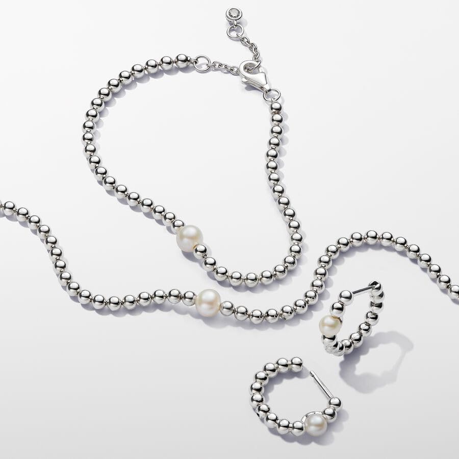 Pandora Timeless Pulsera con cuentas de plata de ley con perla blanca cultivada de agua dulce tratada y circonitas cúbicas transparentes, 16