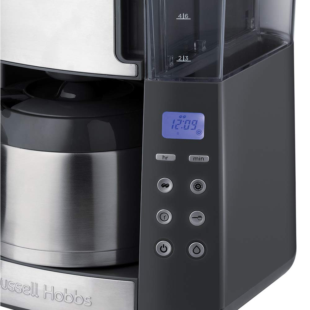 Russell Hobbs Cafetera de Goteo Grind & Brew - 10 Tazas, Jarra Térmica 1L, Molinillo para 250 g, 3 Niveles Molienda, Selector de Intensidad, Programable, Acero Inoxidable, Plata y Negro - 25620-56