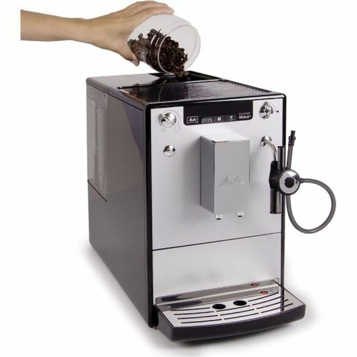 Melitta Solo&Perfect Milk E957-203, Cafetera Superautomática con Molinillo, Auto Capuchinador, 15 Bares, Café en Grano, Limpieza Automática, Personalizable, Plata