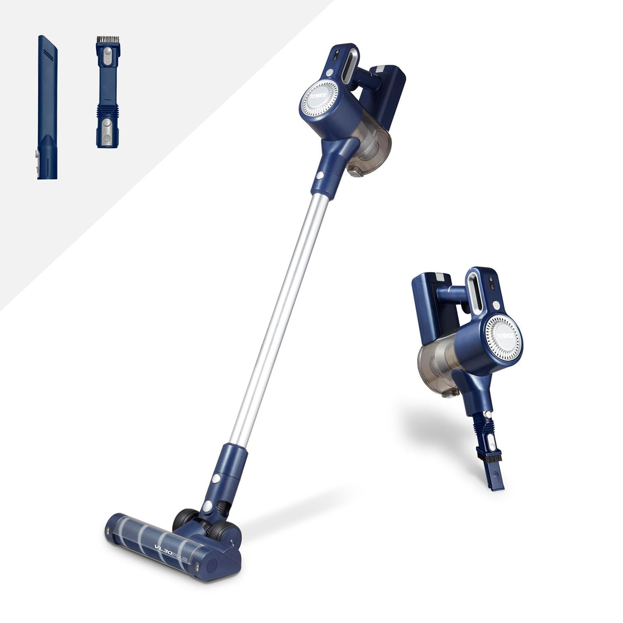 Tower T513008 VL35 Plus Aspiradora sin Cable 3 en 1 – Aspirador Vertical con Filtro HEPA y Cabezal Antienredos – Aspiradora sin Bolsa con Depósito de 1 Litro, 22.2 V - Azul Oscuro y Plata