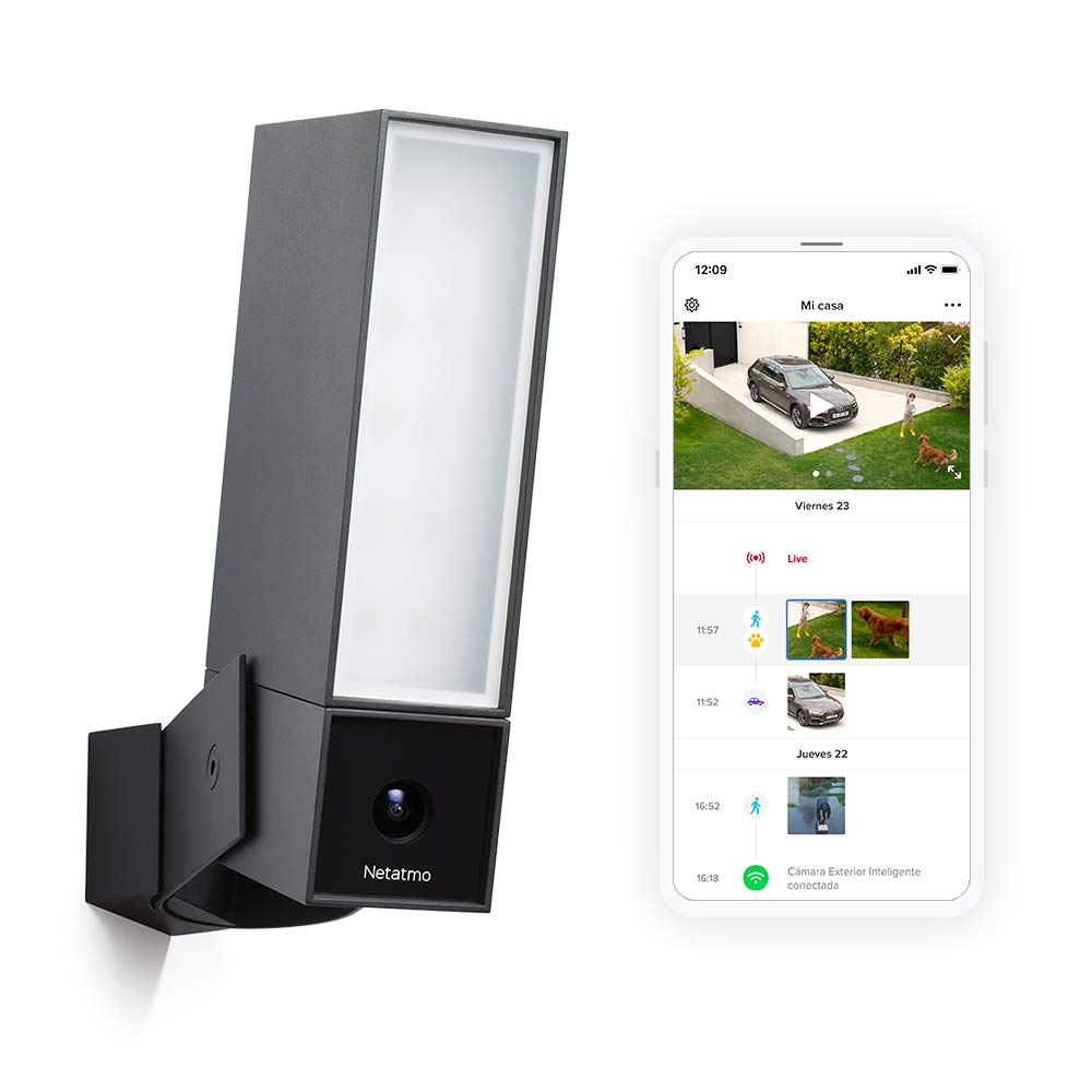 Netatmo NOC-R - Cámara de Vigilancia WiFi Exterior, Reacondicionada, Foco Integrado, Detección de Movimientos, Visión Nocturna, Sin Costo Adicional
