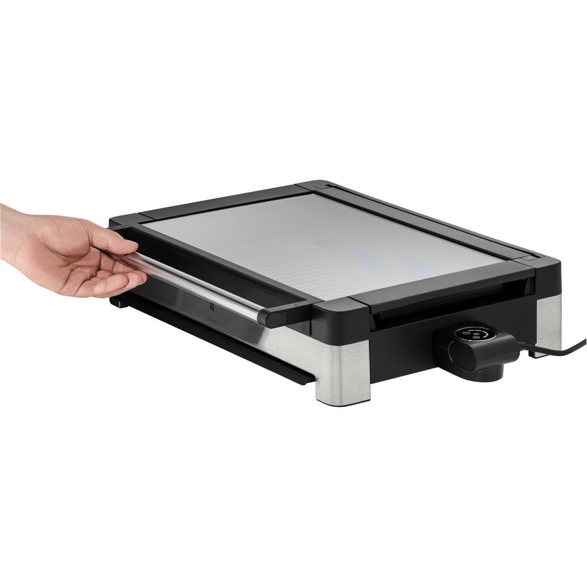 WMF Lono - Grill sobremesa con tapa de cristal y Barbacoa 2200 W, acero inoxidable mate, placa de parrilla recubierta, antiadherente