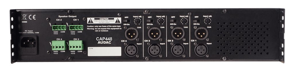 AUDAC CAP448 4.0 - Amplificador de Audio con Cable Negro (4 Canales, 480 W, D, 0,3%, 100 dB, 80 dB)