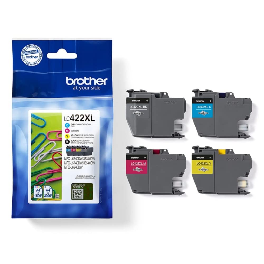 Brother LC422XLVAL, Pack 4 Cartuchos XL Originales de Tinta (BK/CM/Y), hasta 3,000 Pág/Negro y 1,500 Pág/Color (ISO/IEC 24711)