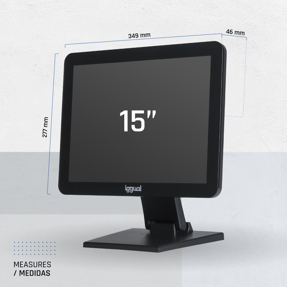 iggual Monitor Táctil 15", Formato 4:3 .- Panel Capacitivo 75Hz - Sist. Operativo Compatible : Windows 7 a 11, Android, Linux, Raspberry Pi- Conexiones: USB-A + VGA + HDMI, 300cd/m2, (MTL15X)