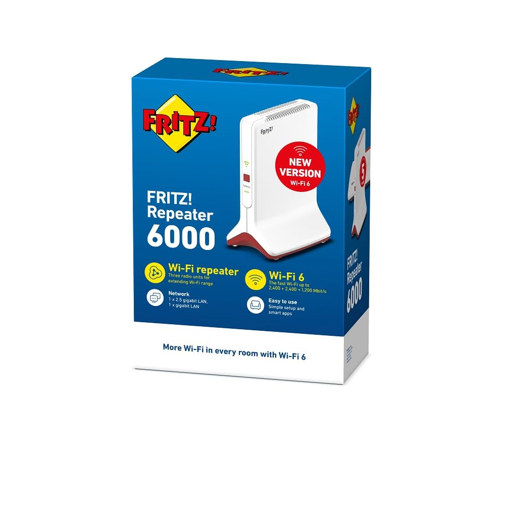Fritz!Repeater 6000 International - Repetidor/Extensor Wi-Fi 6, Tribanda: (2 x 2.400 Mbps/5 GHz y 1.200Mbps/2,4 GHz), Mesh, Punto de Acceso WiFi, 2 Puertos LAN Gigabit, Interfaz en Español