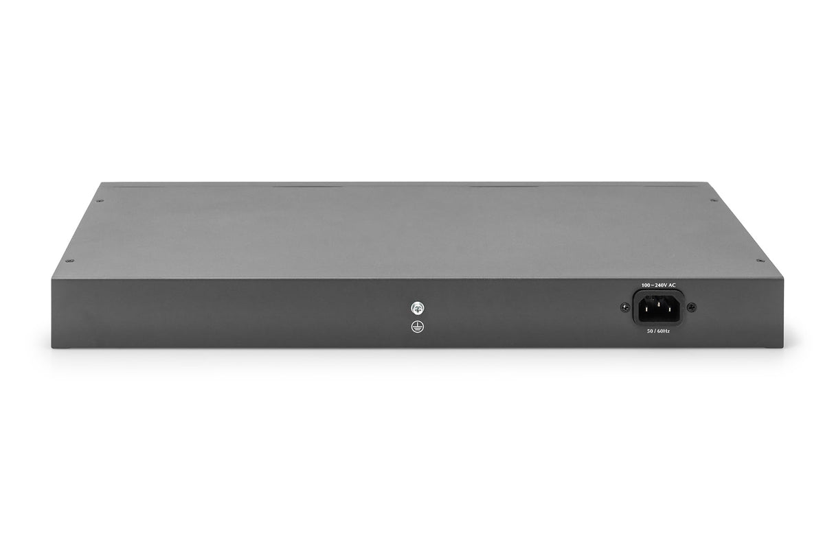 DIGITUS Conmutador de Red Ethernet PoE Gigabit de 24 Puertos - No gestionado - 24 Puertos RJ45 + 2 Puertos de Enlace Ascendente SFP - Presupuesto PoE de 370 W - Factor de Forma de 19 Pulgadas - Negro