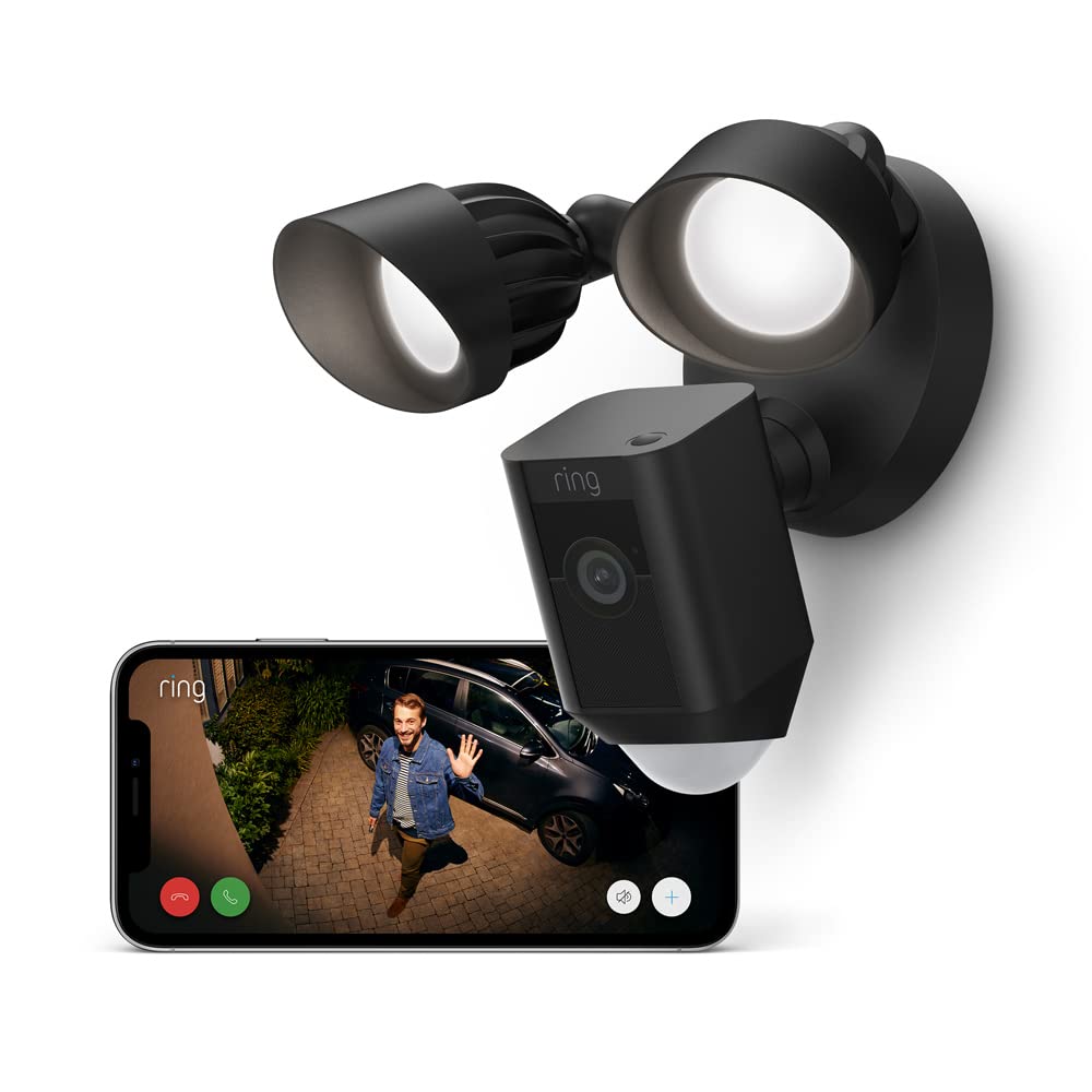 Ring cámara Plus con focos cableada (Floodlight Cam Wired Plus) | Cámara de vigilancia exterior wifi con vídeo HD, comunicación bidireccional, focos LED, sirena integrada | 30 días gratis de Ring Home