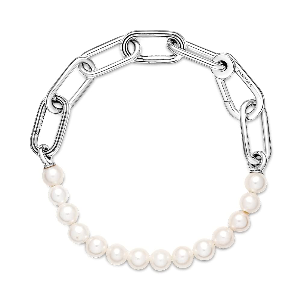 PANDORA ME Pulsera de eslabones de plata de ley con perlas blancas cultivadas en agua dulce, 1