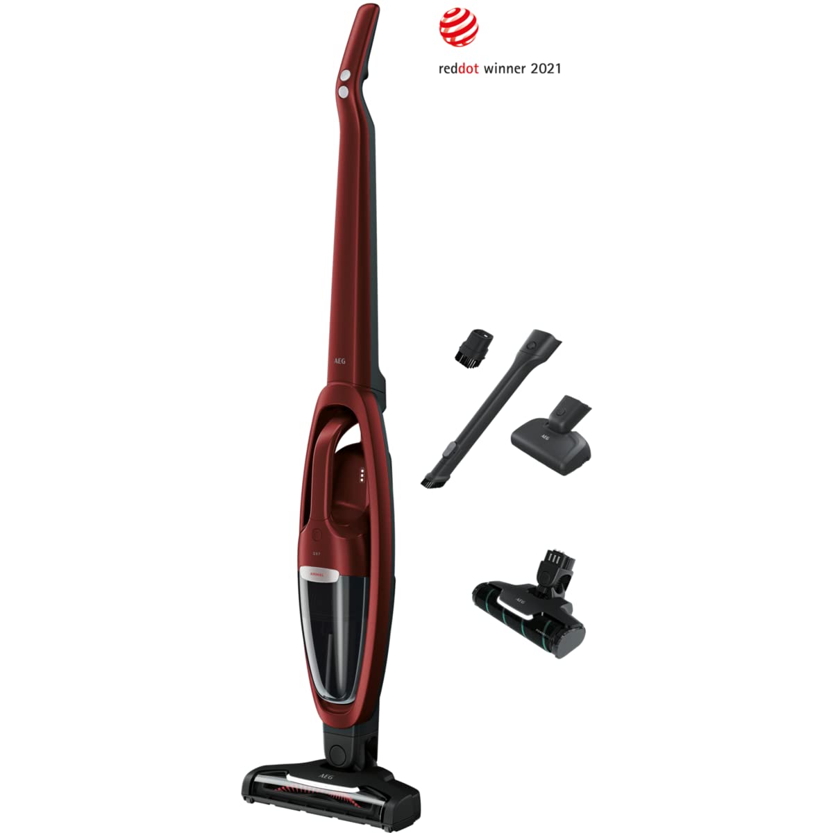 AEG QX7-1ULTAN Aspiradora Sin Cable, 21,6 V, Autonomía de 50 min, 2 Velocidades, Tecnología Cyclonic, Filtración de 5 Pasos, Depósito de 0,3 L, 4 Accesorios, Rojo Metalizado