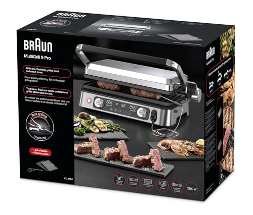 Braun MultiGrill 9 Pro CG 9160, Plancha Eléctrica con 2 Termostatos Independientes, 3 Posiciones de Cocinado, Placas Lavables en Lavavajillas, Sonda Térmica Integrada, 2200 W, Negro/Acero Inoxidable
