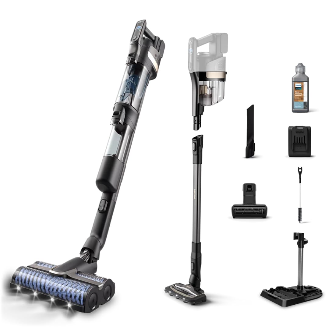 Philips AquaTrio 9000 Aspiradora & Limpiador Sin Cable – Todo-en-Uno para Polvo, Manchas, Líquidos y Dueños de Mascotas, Cepillos AquaSpin de Alta Velocidad, Sistema de Auto-Limpieza (XW9463/11)