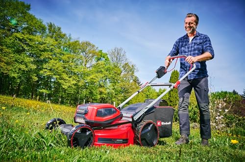 Einhell Kit cortacésped con batería GP-CM 36/52 S Li BL Power X-Change (36V, 52cm de Ancho de Corte, hasta 1200m2, sin escobillas, Cesta 65L, accionamiento de Ruedas, Incl. 4X5,2Ah + 2 Twincharger)