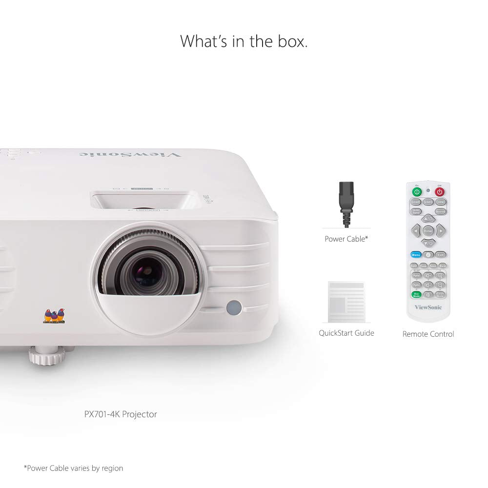 Viewsonic Proyector DLP UHD para cine en casa PX701-4K (4K, 3200 lúmenes ANSI, 2 HDMI, altavoz de 10 W, zoom óptico de 1,1 x, HDR), color blanco
