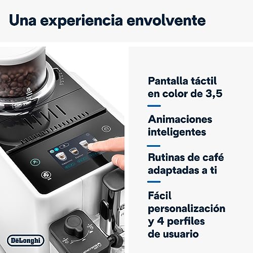 De'Longhi Rivelia EXAM440.55.W, Cafetera Superautomática con LatteCrema Hot, Espumador de Leche Automático, Tamaño Compacto, 16 Recetas, Pantalla Táctil a Color, Blanco Ártico