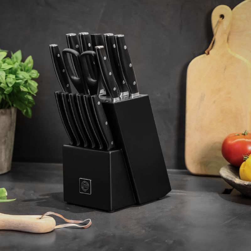 MasterChef Juego de Cuchillos de Cocina Profesional con Soporte, con Cuchillo Chef, Cebollero, Santoku, Pan, Chuleteros, Afilador y Tijeras, Acero Inox con Alto Carbono, Asas Triple Remache, 15 Piezas
