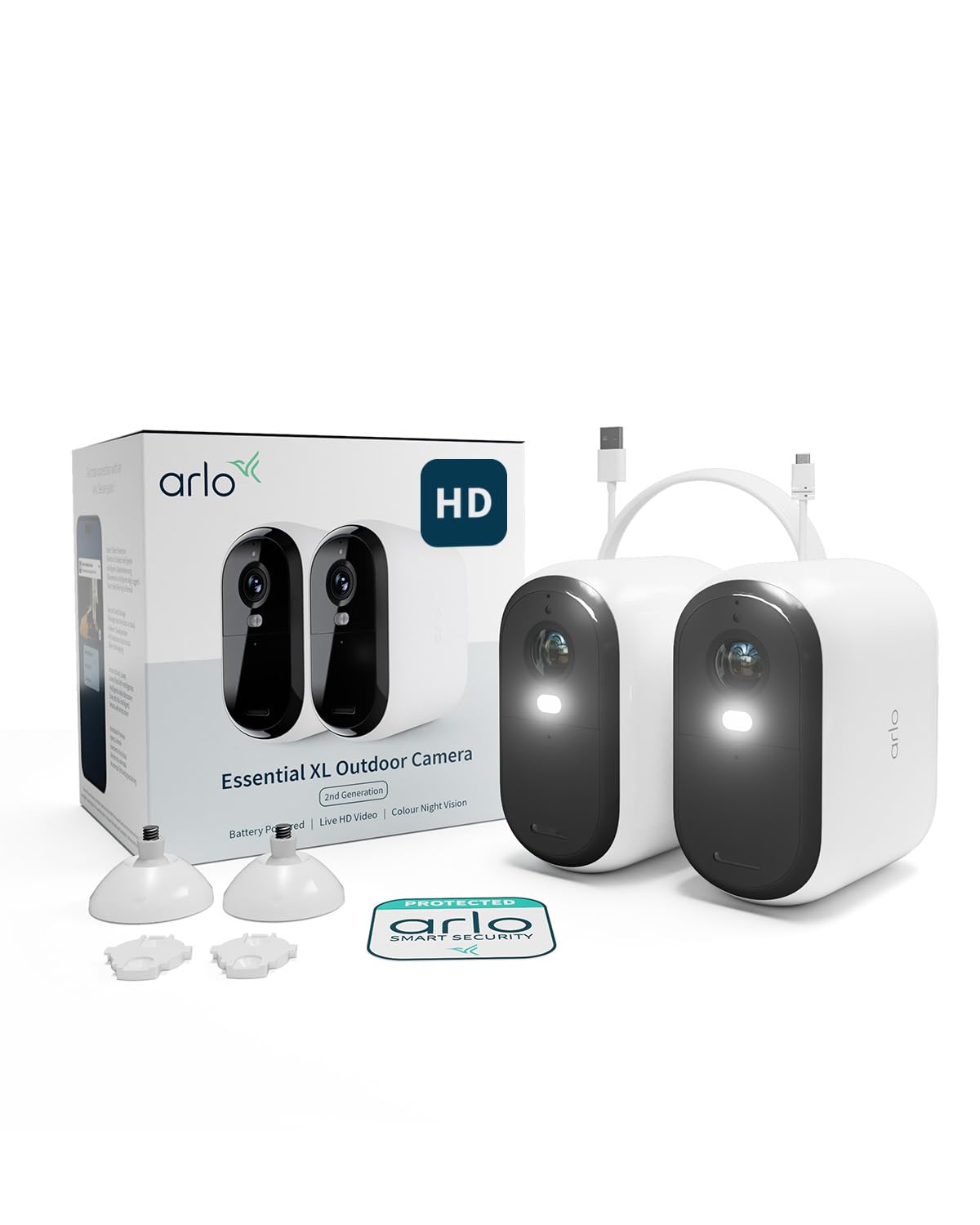Arlo Essential 2 XL Camara Vigilancia WiFi Exterior HD, Camara Vigilancia WiFi Interior, Sensor de Movimiento, Alarmas Para Casa, Visión Nocturna Color, Prueba Arlo Secure Incluida, 2 Cámaras, Blancas