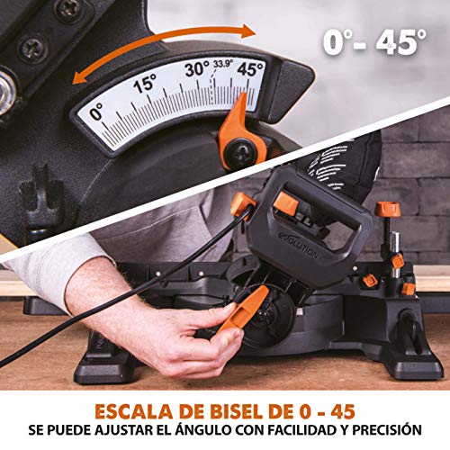 Evolution Power Tools - R210SMS-300+ Ingletadora deslizante multimaterial de 210 mm (230 V), con paquete plus, Corta acero dulce, aluminio, plástico, madera con clavos incrustados