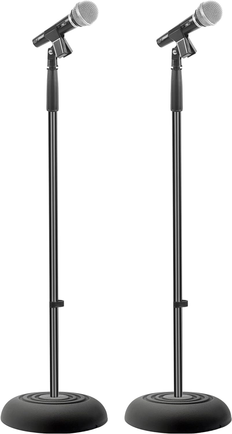 PYLE Pie de micrófono, Soporte de base redonda, Resistente, Compacta. (Par de 2 piezas) Altura ajustable (85 a 152 cms)