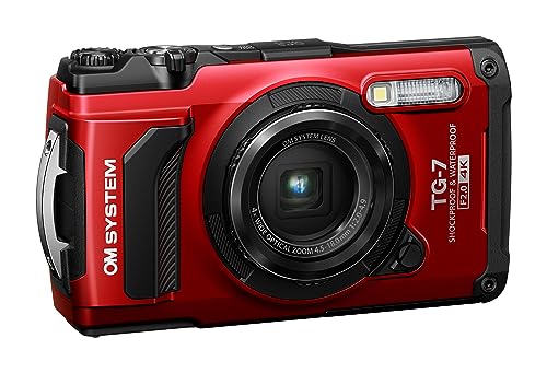 OM System Tough TG-7 Cámara subacuática roja, Impermeable, a Prueba de congelación, Alta resolución Brillante, Video 4K 44x Macro Disparo