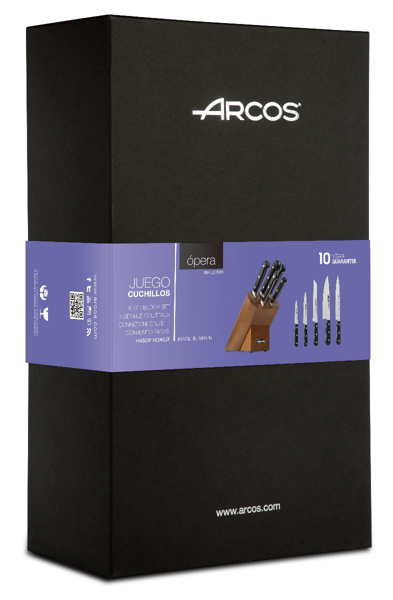 Arcos Set Cuchillos 5 piezas Acero Inoxidable Nitrum. Cuchillo Cocina Profesional Afilado para Cortar Carne. Mango Ergonómico Polioximetileno POM. Serie Opera. Diseño Clásico. Color Negro.