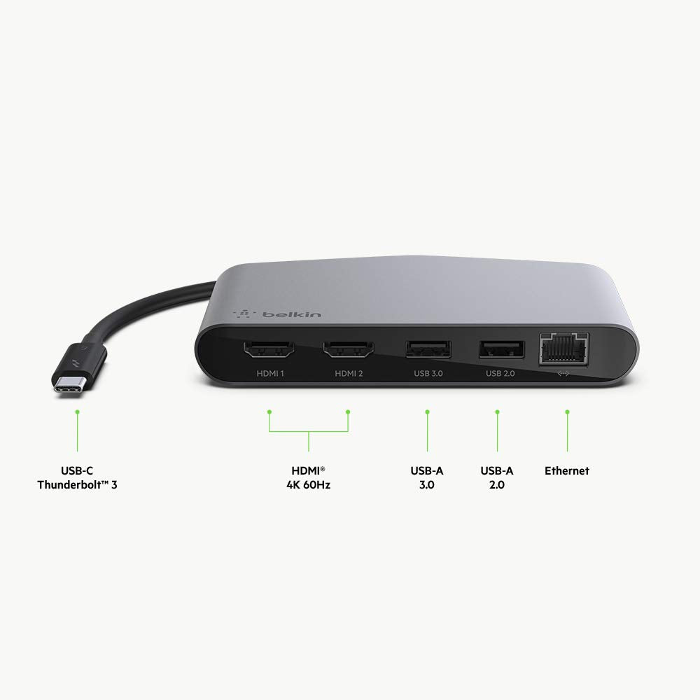 Belkin Base Dock Thunderbolt 3 con Cable Integrado Thunderbolt 3 para Ordenadores Mac OS y Windows con USB-C, Gris